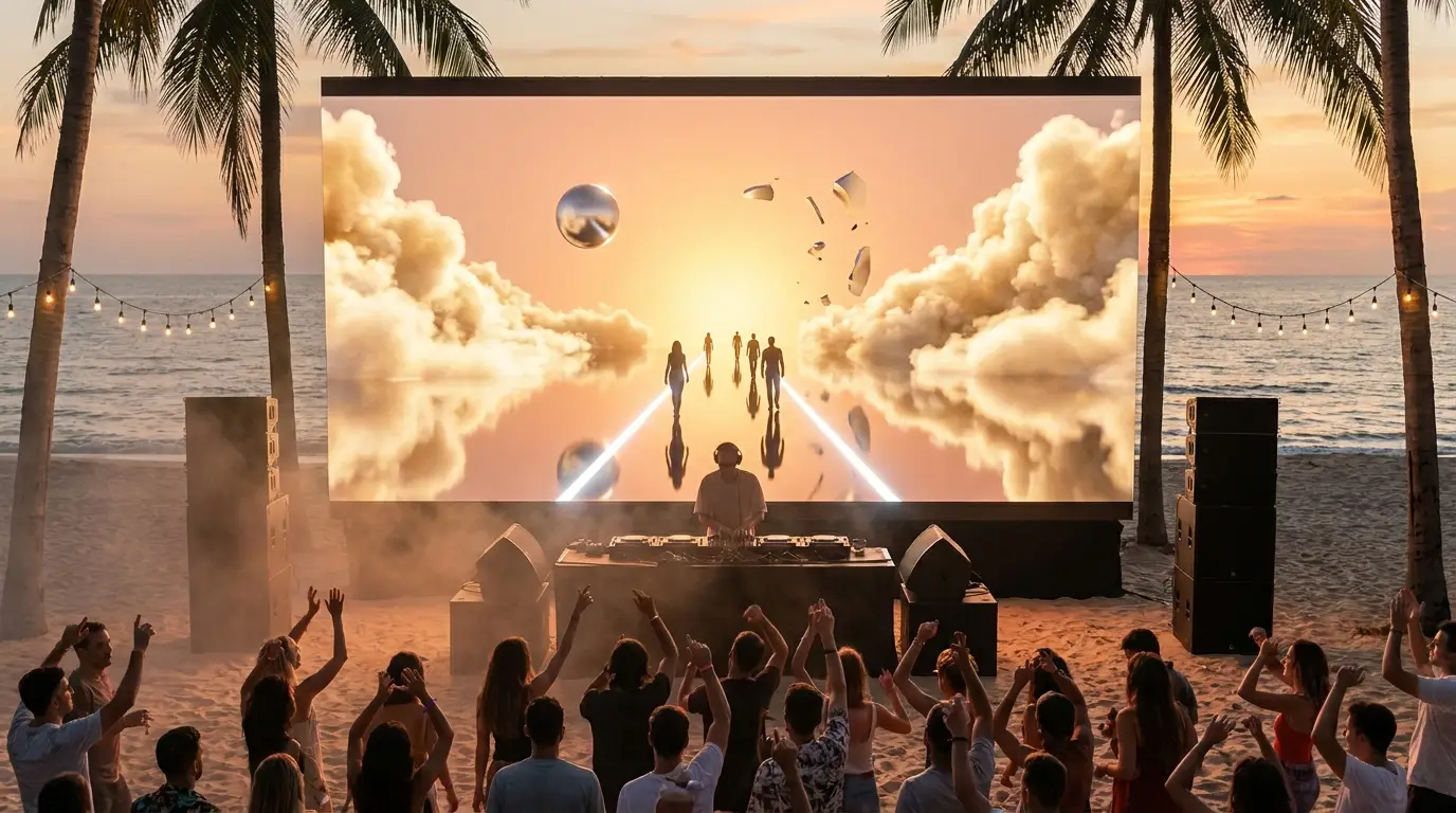 Open-air beach DJ set with an OOVIE cinematic film on a large screen behind the booth