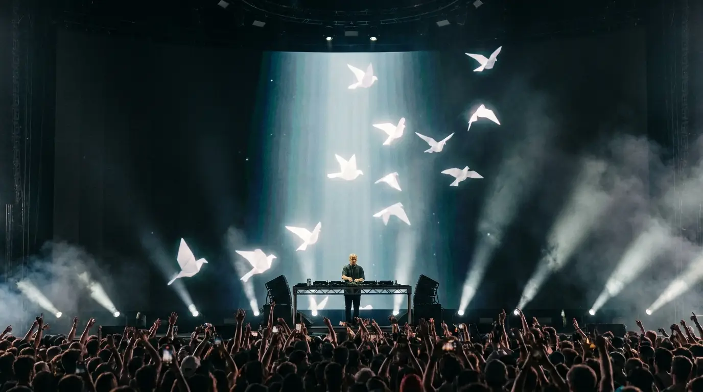 DJ performing with a real OOVIE cinematic film on the big screen behind the booth