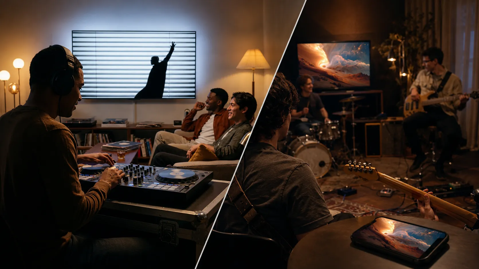 Band jamming live in a studio with an OOVIE cosmic film playing on the screen behind them