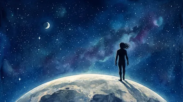 Painted figure standing on the moon under a starry sky — one of OOVIE's visual styles