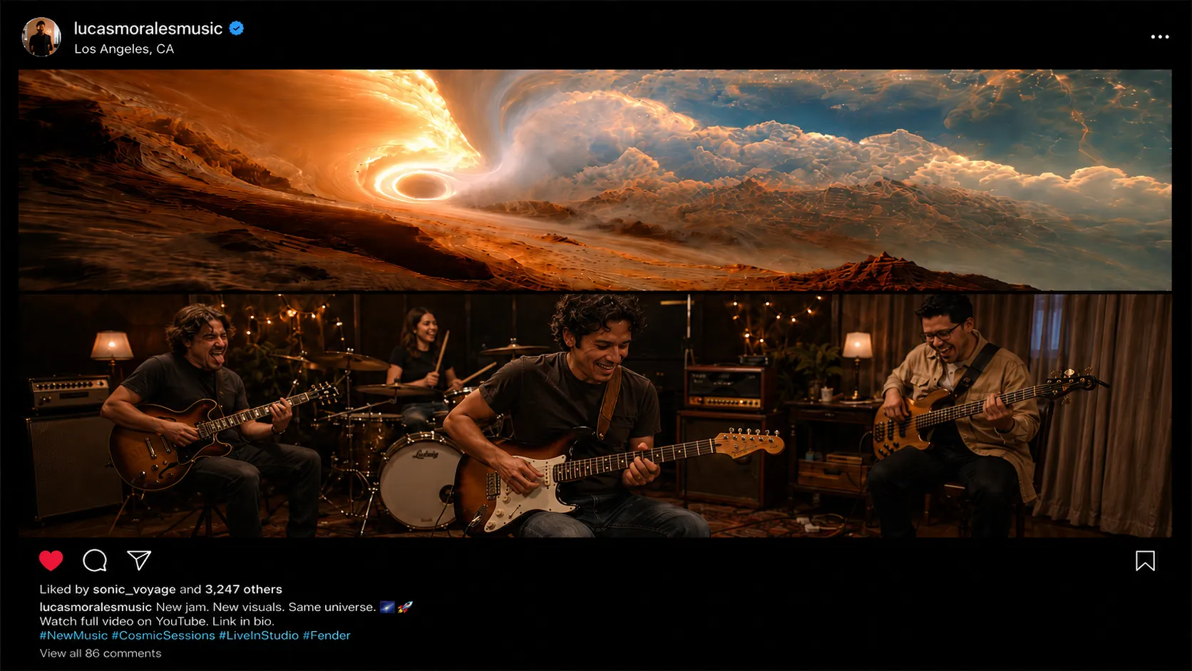 Instagram post of a band’s live session with an OOVIE cosmic film behind them, ready to share